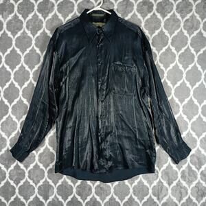 Brian Brothers Shirt Men Size L Black Shiny Dressy Long Sleeve Korea Rayon Blend